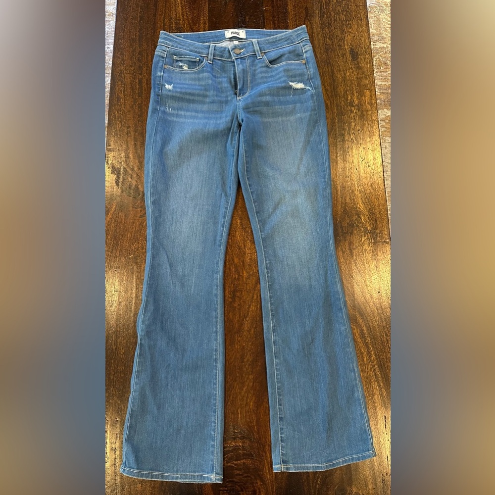 PAIGE Blue Denim Flare Jeans with Subtle Distress